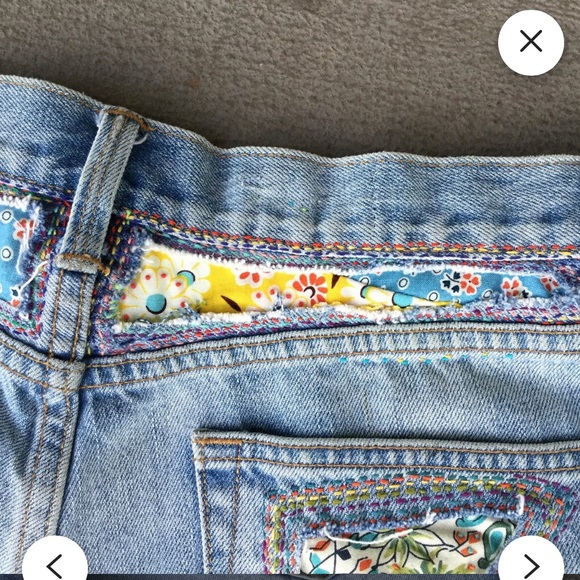 Reworked Upcycled denim shorts sashiko bro visible mending hand sewn 29” waist - Picture 5 of 9